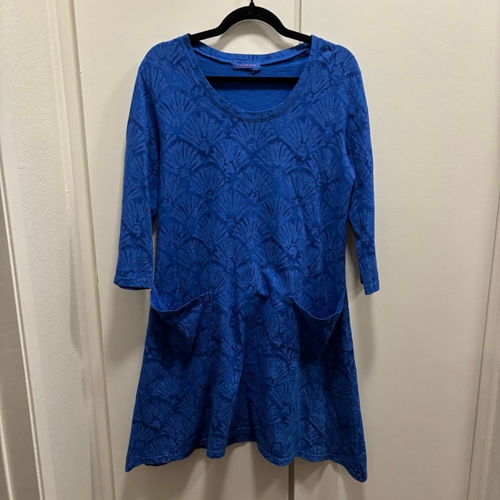 Fresh Produce Sz Medium Blue Fan Seashell 3/4 Sleeve Pockets Dress